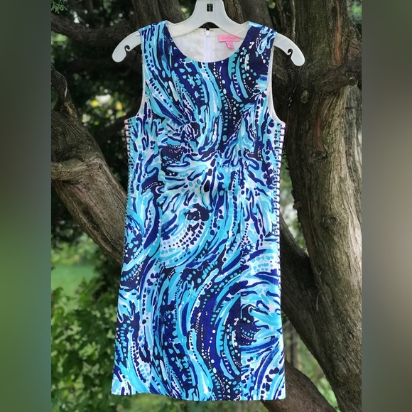 LILLY PULITZER Mila Blue Pink White Swirl Design Cotton Sheath Dress Size 00 - Picture 6 of 16